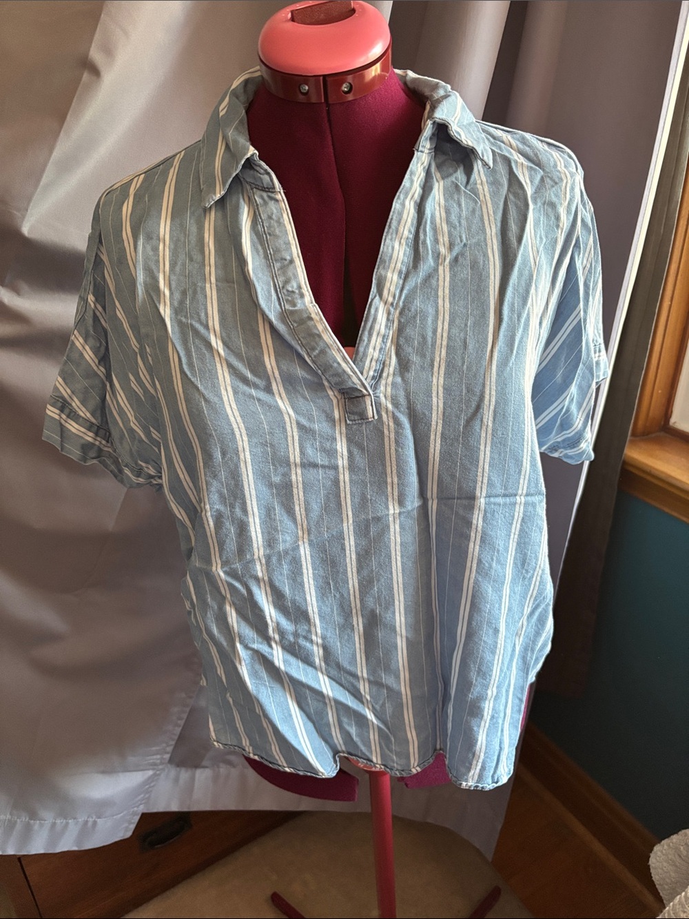 Blue & white stripe popover blouse